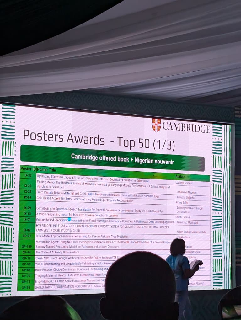 Deep Learning Indaba 2026 Top 50 Posters screen listing Eng-PidginEdu