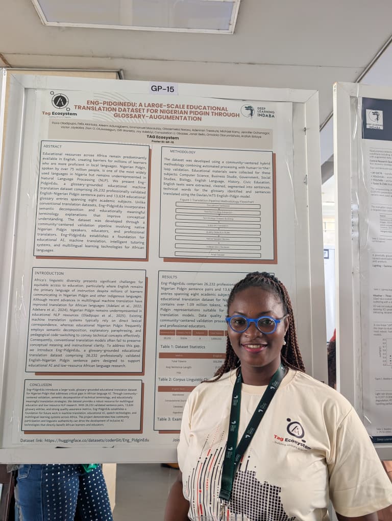 Flora Oladipupo standing beside the Eng-PidginEdu poster at Deep Learning Indaba 2026