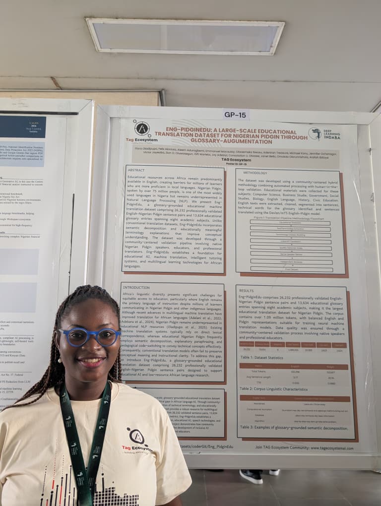 Flora Oladipupo presenting the Eng-PidginEdu poster at the Deep Learning Indaba 2026 poster session