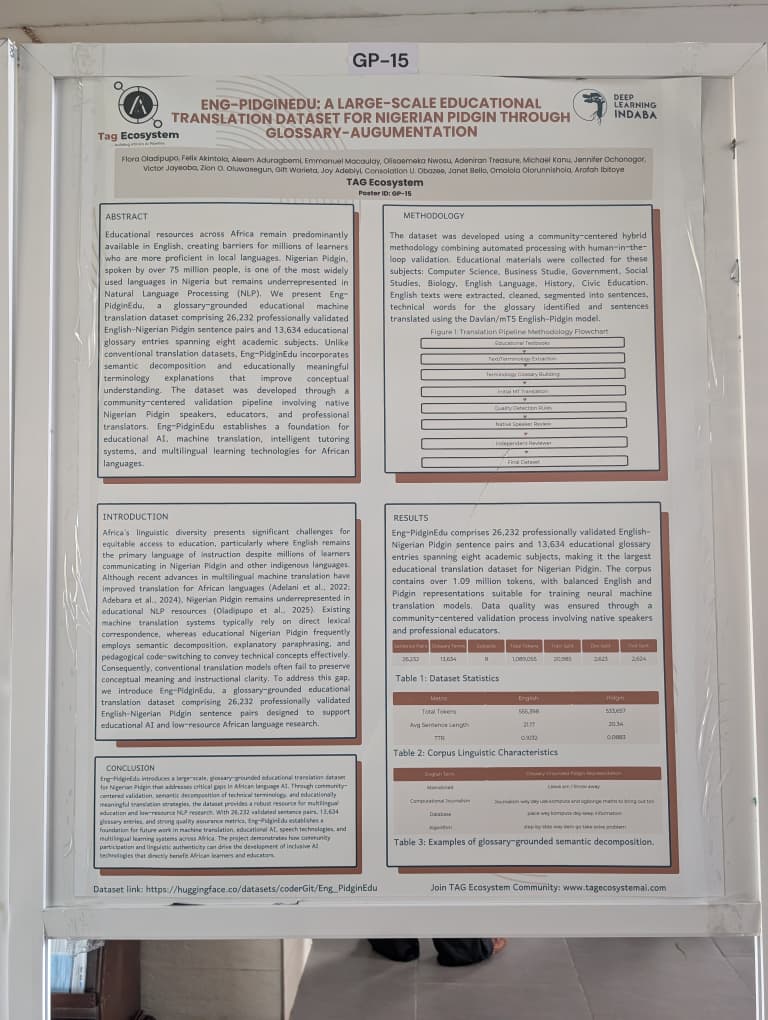 Close-up of the Eng-PidginEdu poster, Deep Learning Indaba 2026