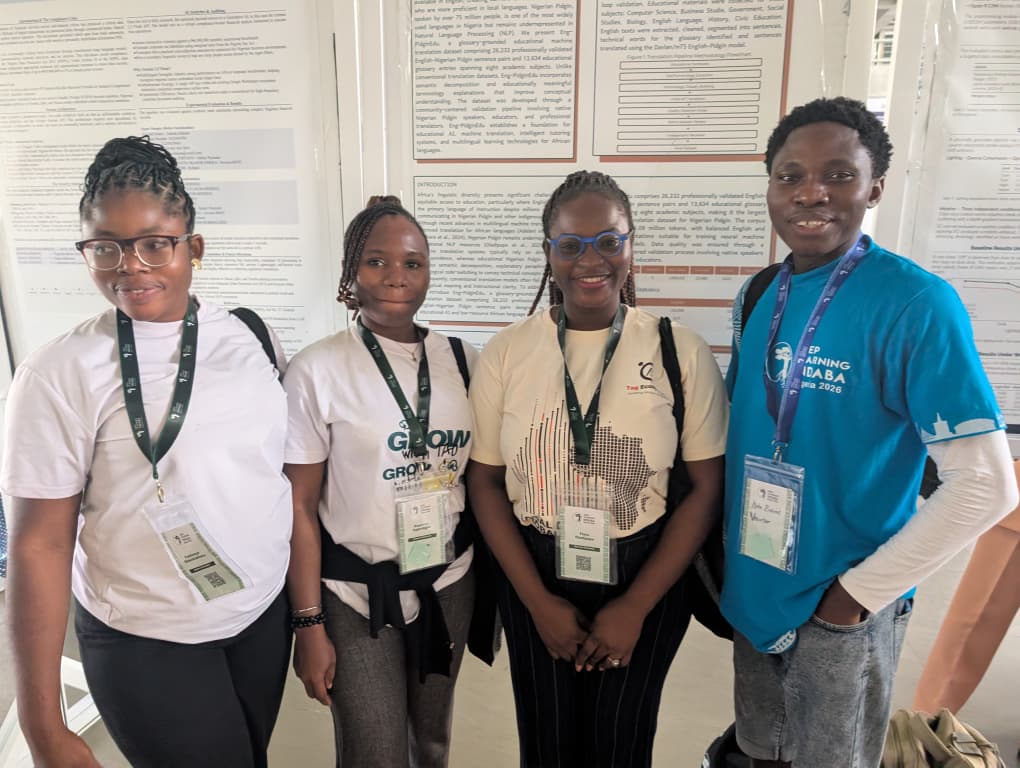 TAG Ecosystem team members at the Eng-PidginEdu poster with an Indaba attendee